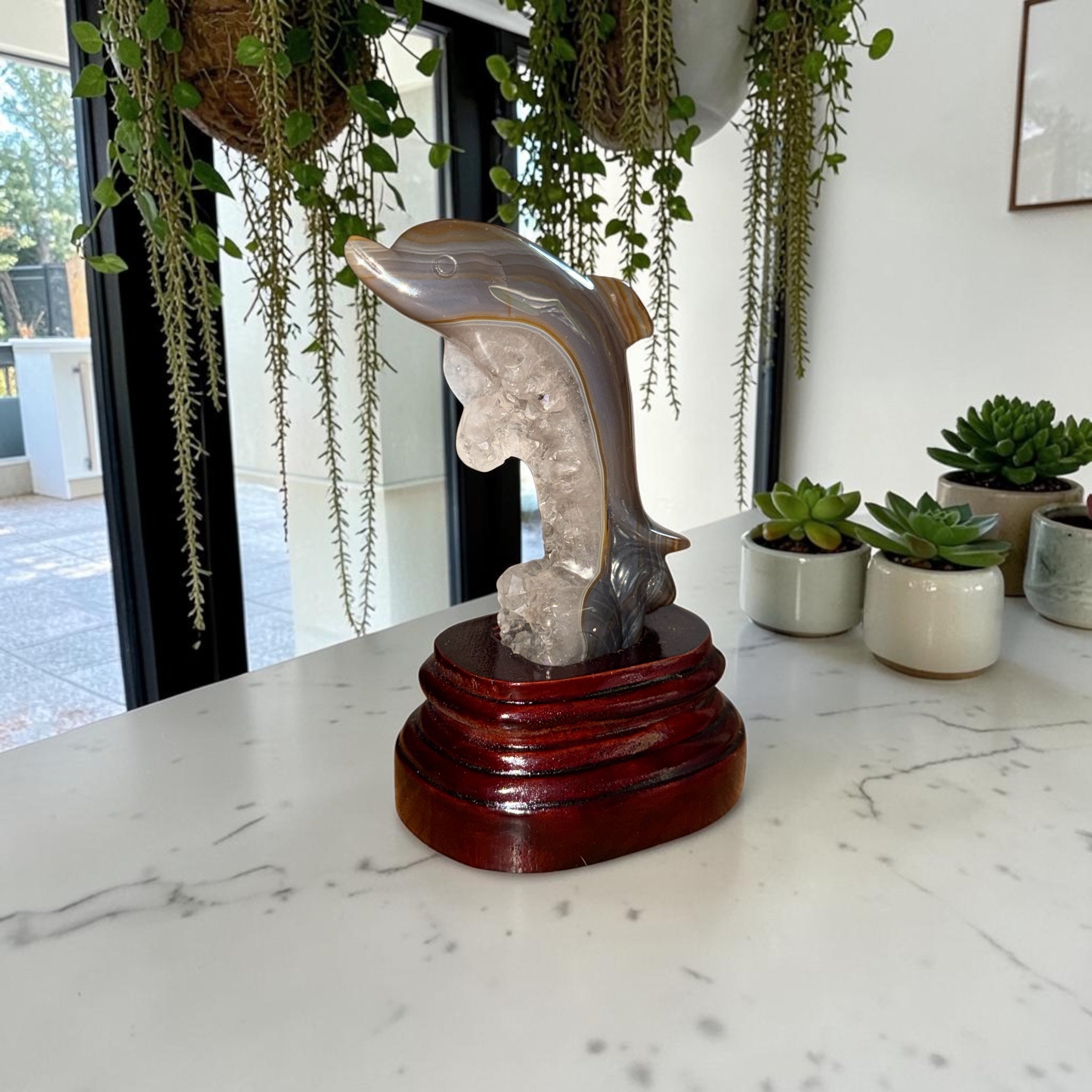 Semi-Raw Polished Agate Druzy Dolphin Statement Sculpture | Stand Included