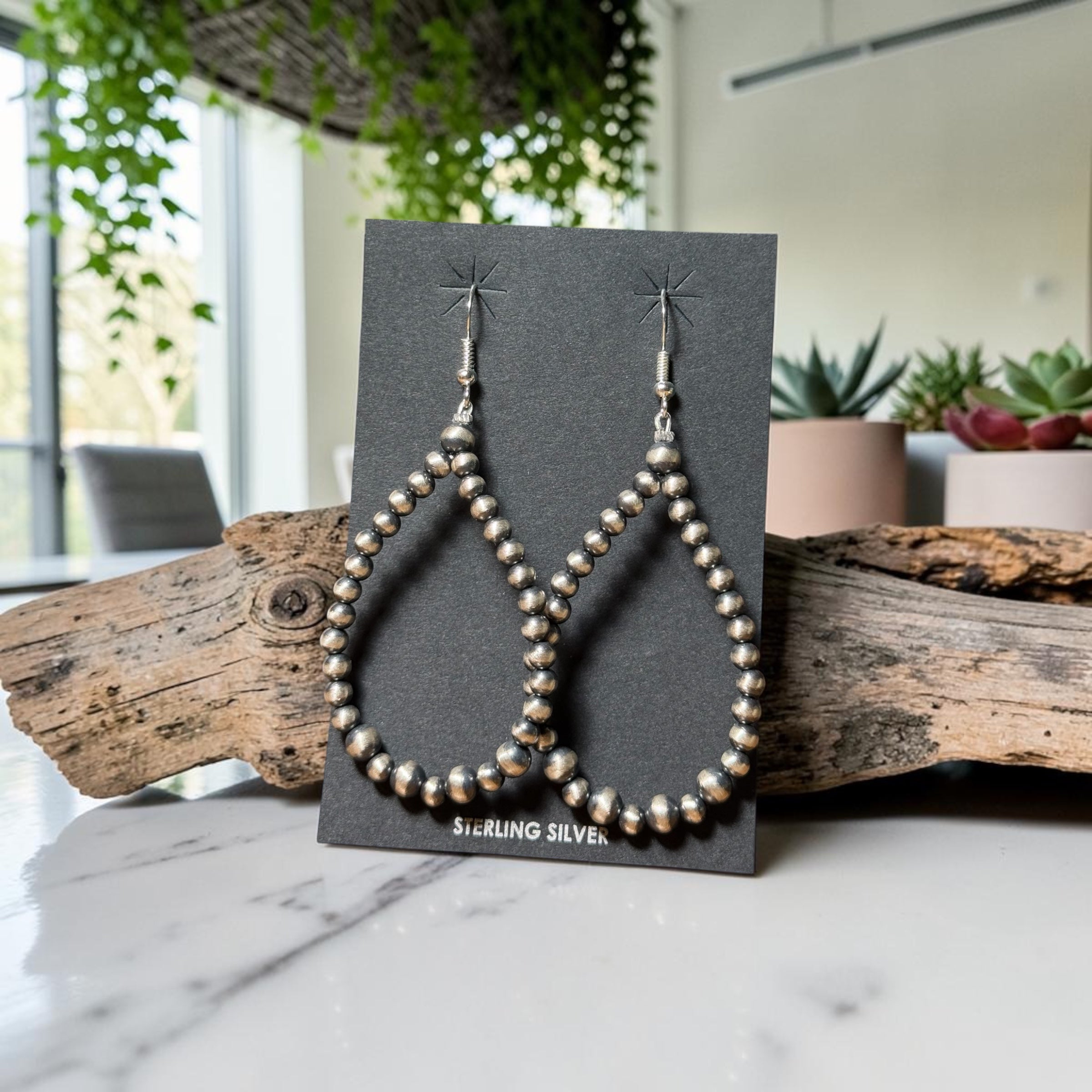 Native Navajo Handmade Sterling Silver Pearl Teardrop Earrings | Fish Hook | 3" Drop