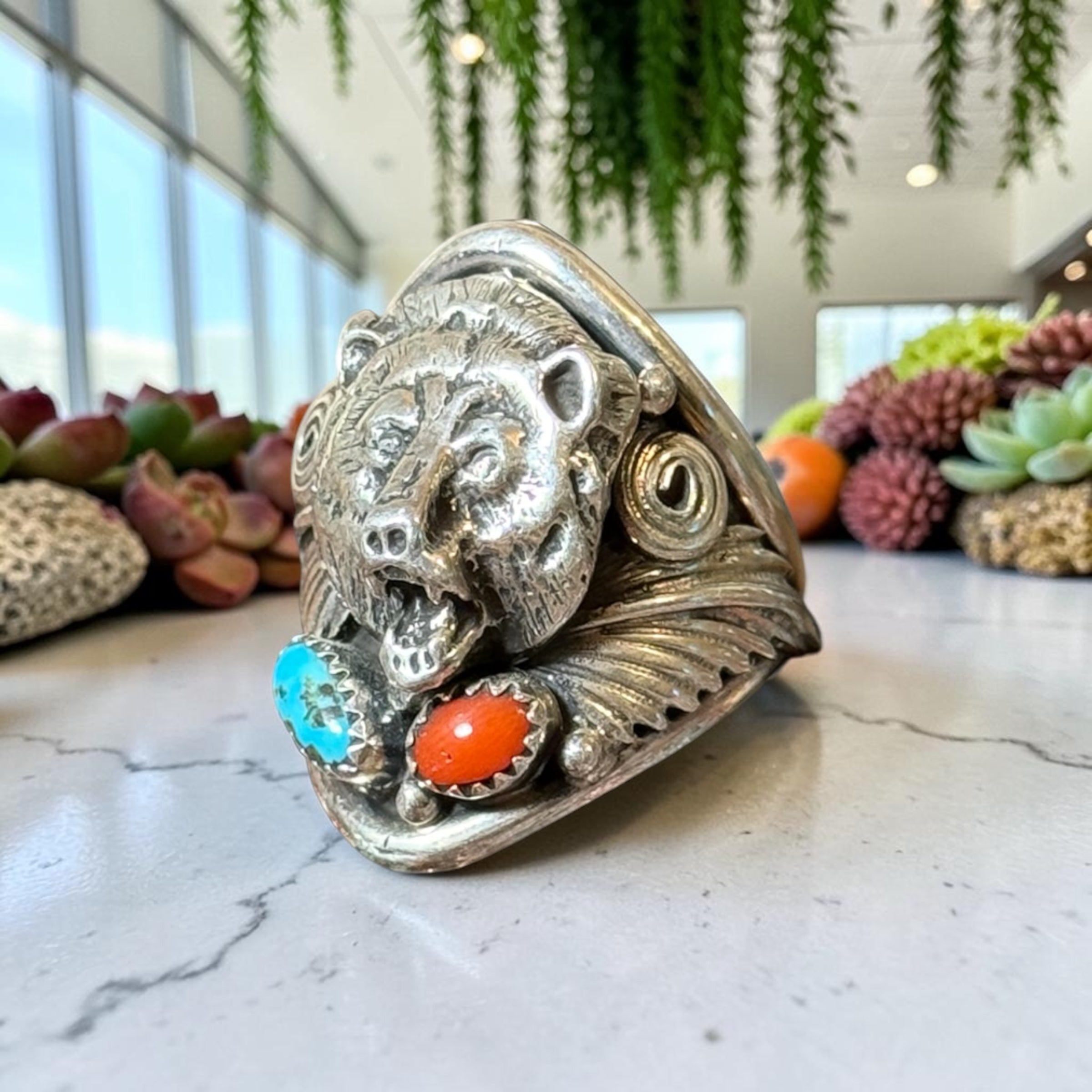 Native Sterling Silver Champion Bear Ring | Red Coral & Rough Kingman Turquoise | Signed W.E. | Size 9¾