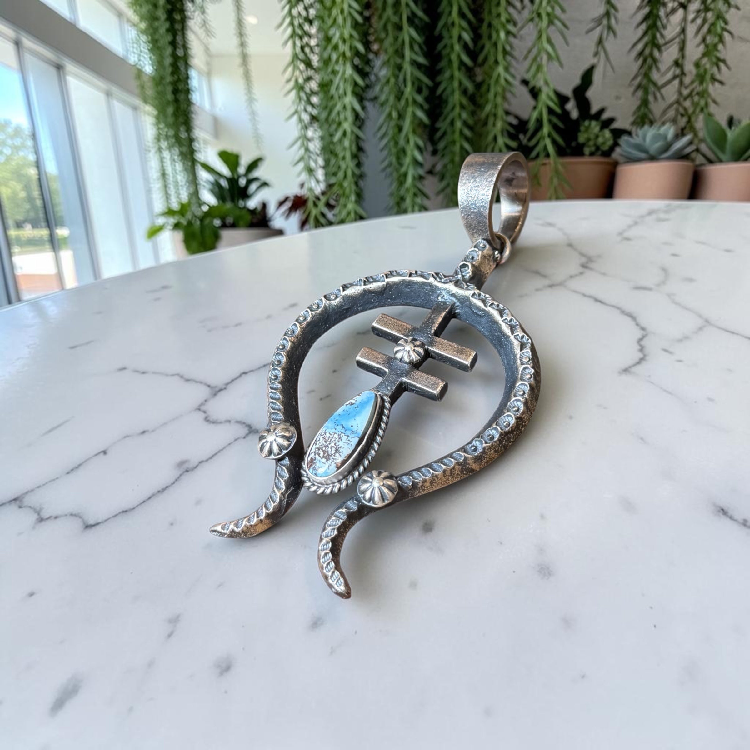 Native Sterling Silver Golden Hills Turquoise Naja Pendant | Cross | Signed K.B. | 3½" Drop