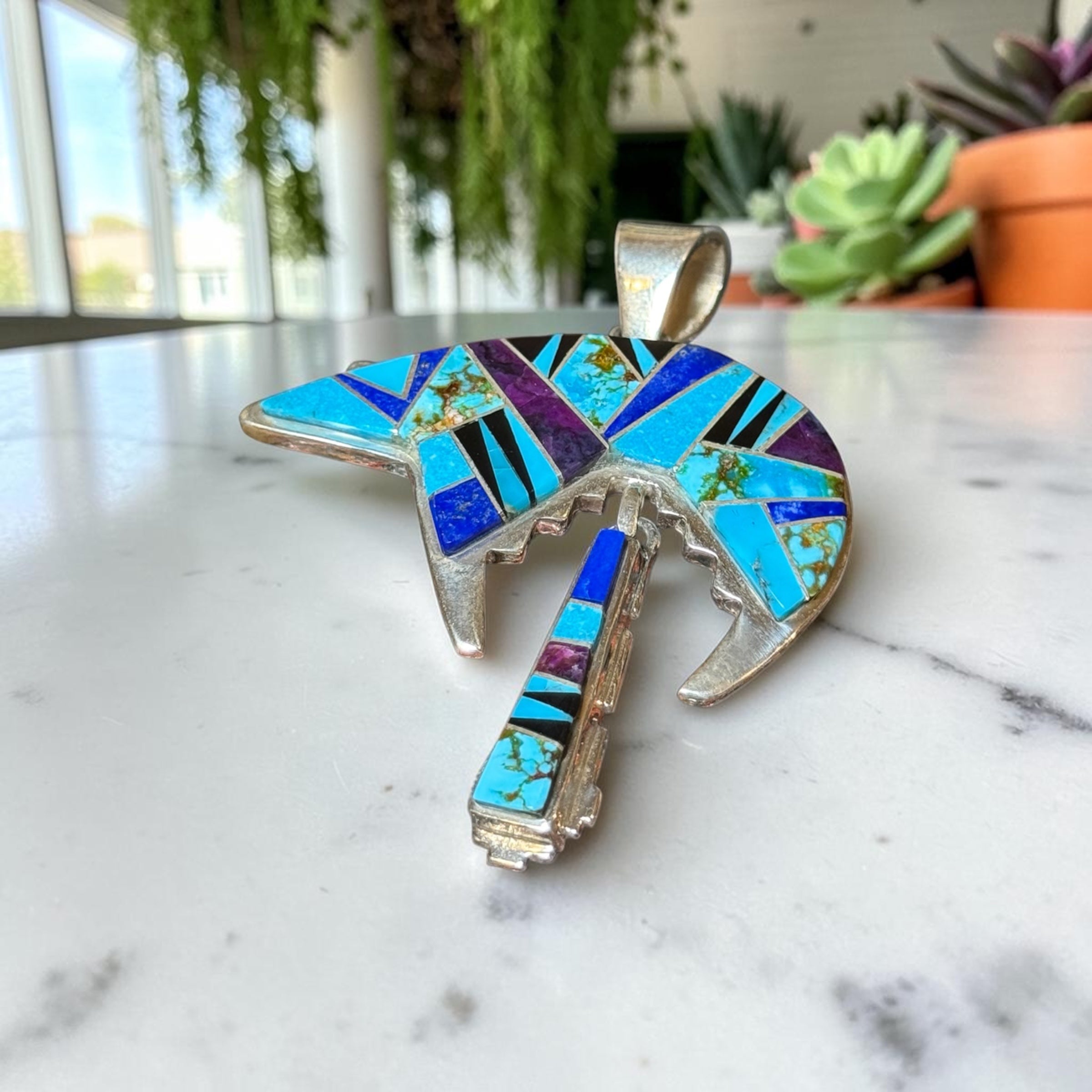 Native Sterling Silver Bear Inlay Pendant | Signed E. David | Kingman Turquoise, Lapis, Sugilite, Black Onyx & Pilot Mountain Turquoise