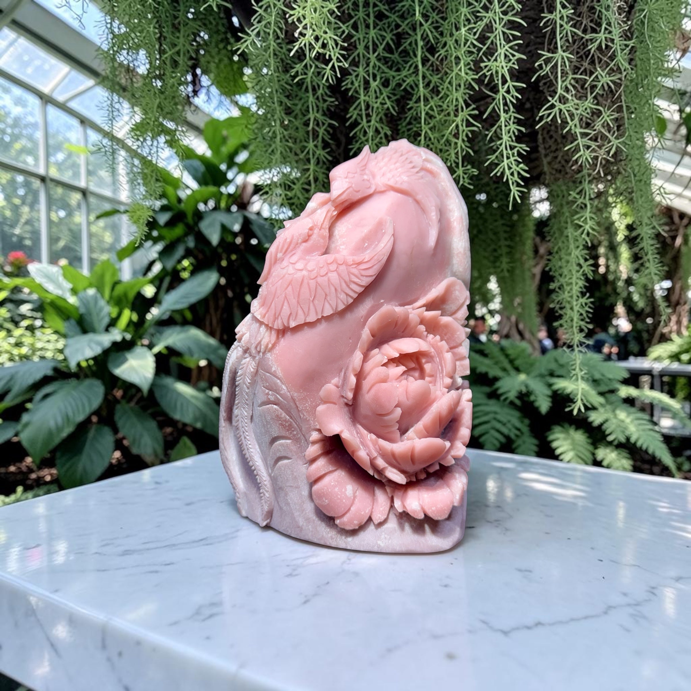 PINK OPAL PHEONIX LOVER BIRDS WITH LOTUS FLOWERS